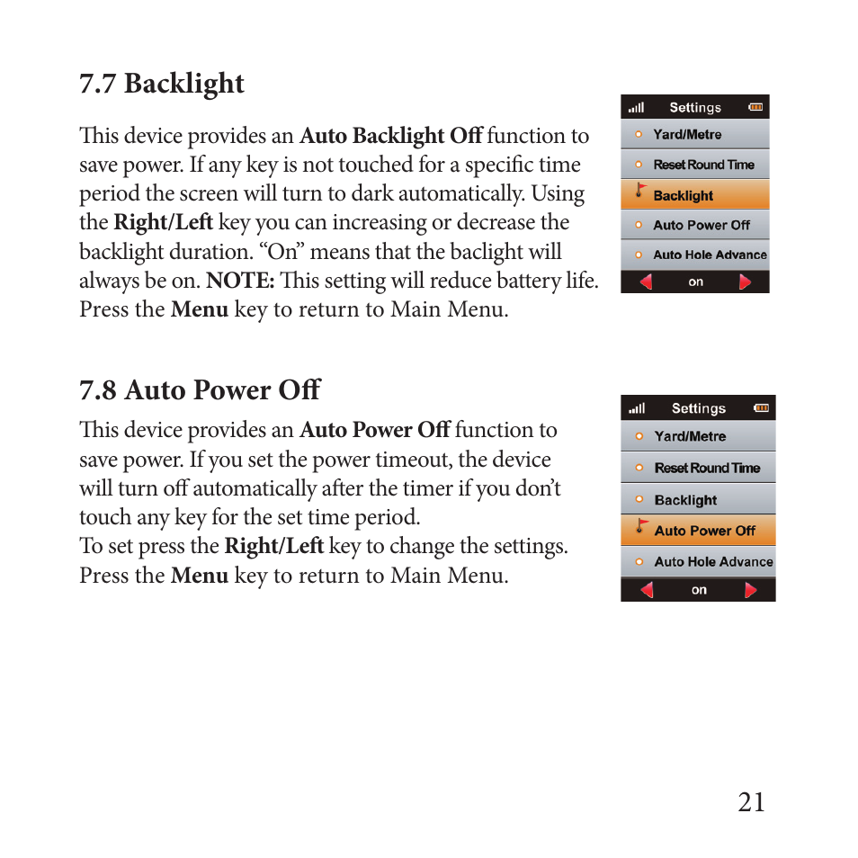 21 7.7 backlight, 8 auto power off | Sureshotgps MICRO 700X User Manual | Page 21 / 32