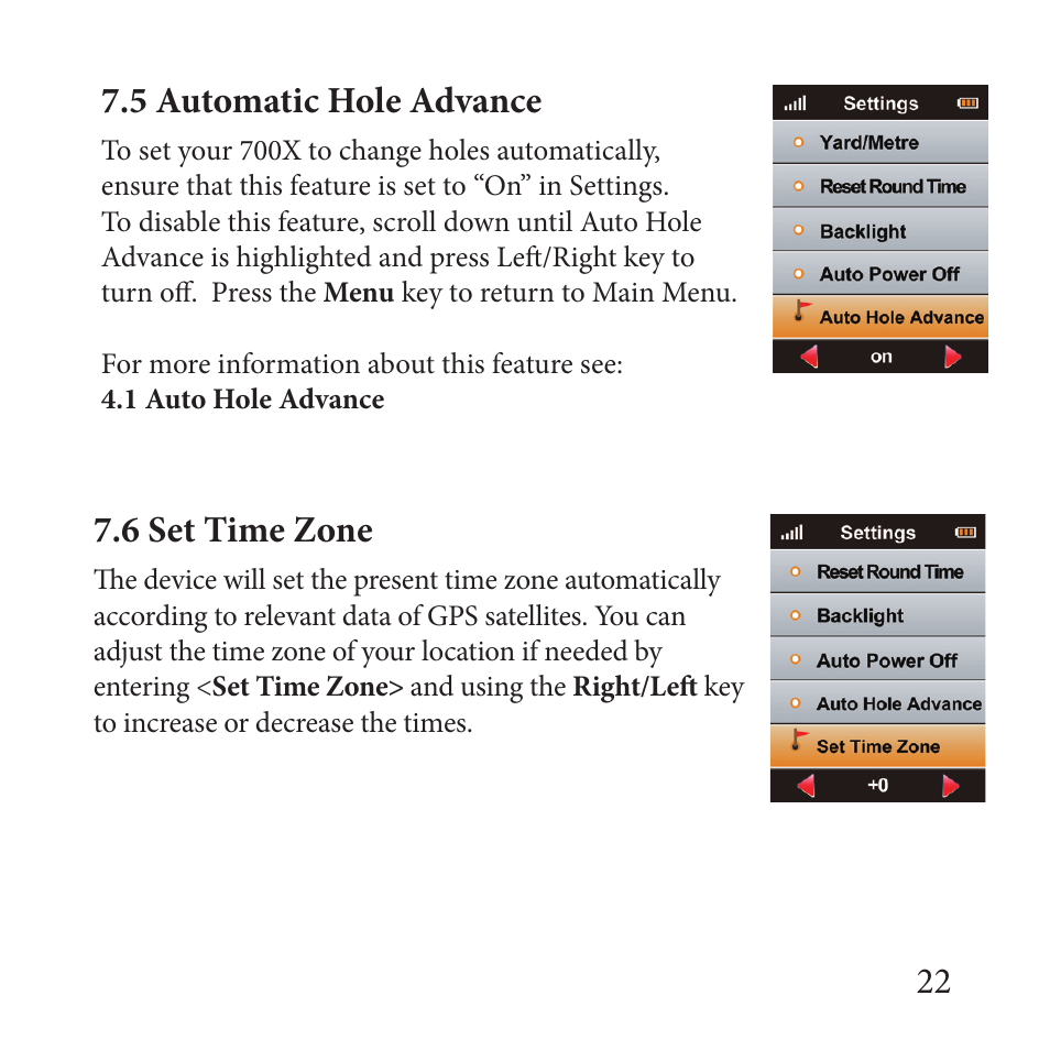 22 7.5 automatic hole advance, 6 set time zone | Sureshotgps MICRO 700X User Manual | Page 22 / 32