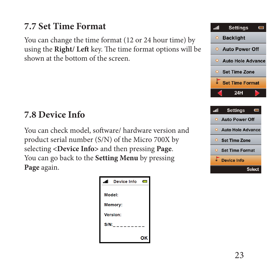 23 7.7 set time format, 8 device info | Sureshotgps MICRO 700X User Manual | Page 23 / 32