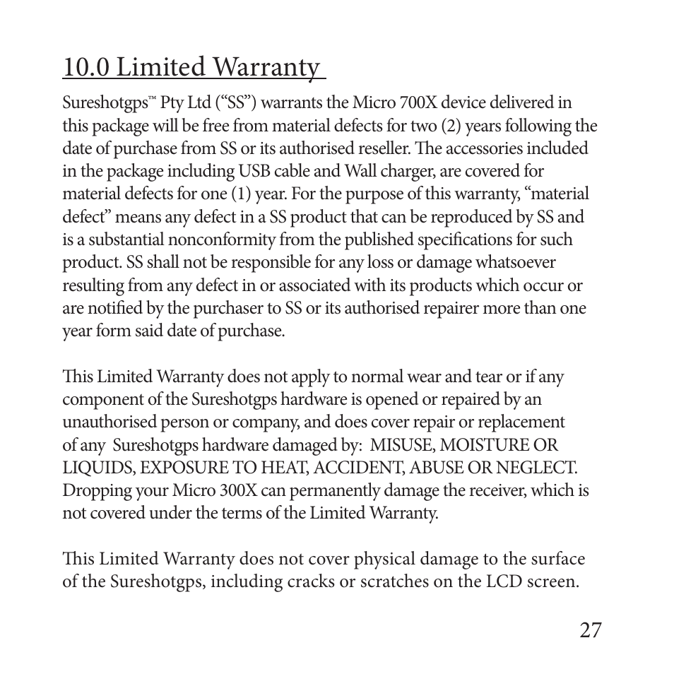 0 limited warranty | Sureshotgps MICRO 700X User Manual | Page 27 / 32