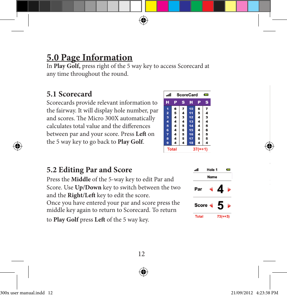 0 page information, 1 scorecard, 2 editing par and score | Sureshotgps MICRO 300X User Manual | Page 12 / 27