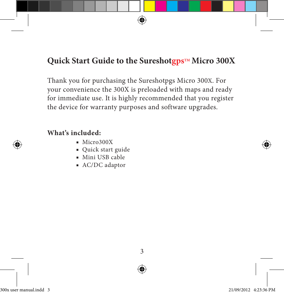 Quick start guide to the sureshot gps, Micro 300x | Sureshotgps MICRO 300X User Manual | Page 3 / 27
