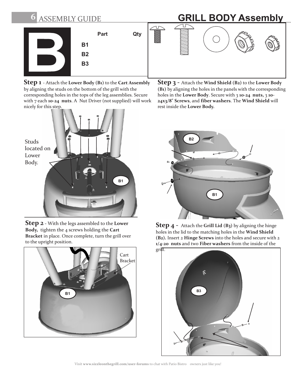 Grill body assembly, Assembly guide, Step 1 | Step 3, Step 4, Step 2 | Char-Broil PATIO BISTRO 11601558 User Manual | Page 6 / 8
