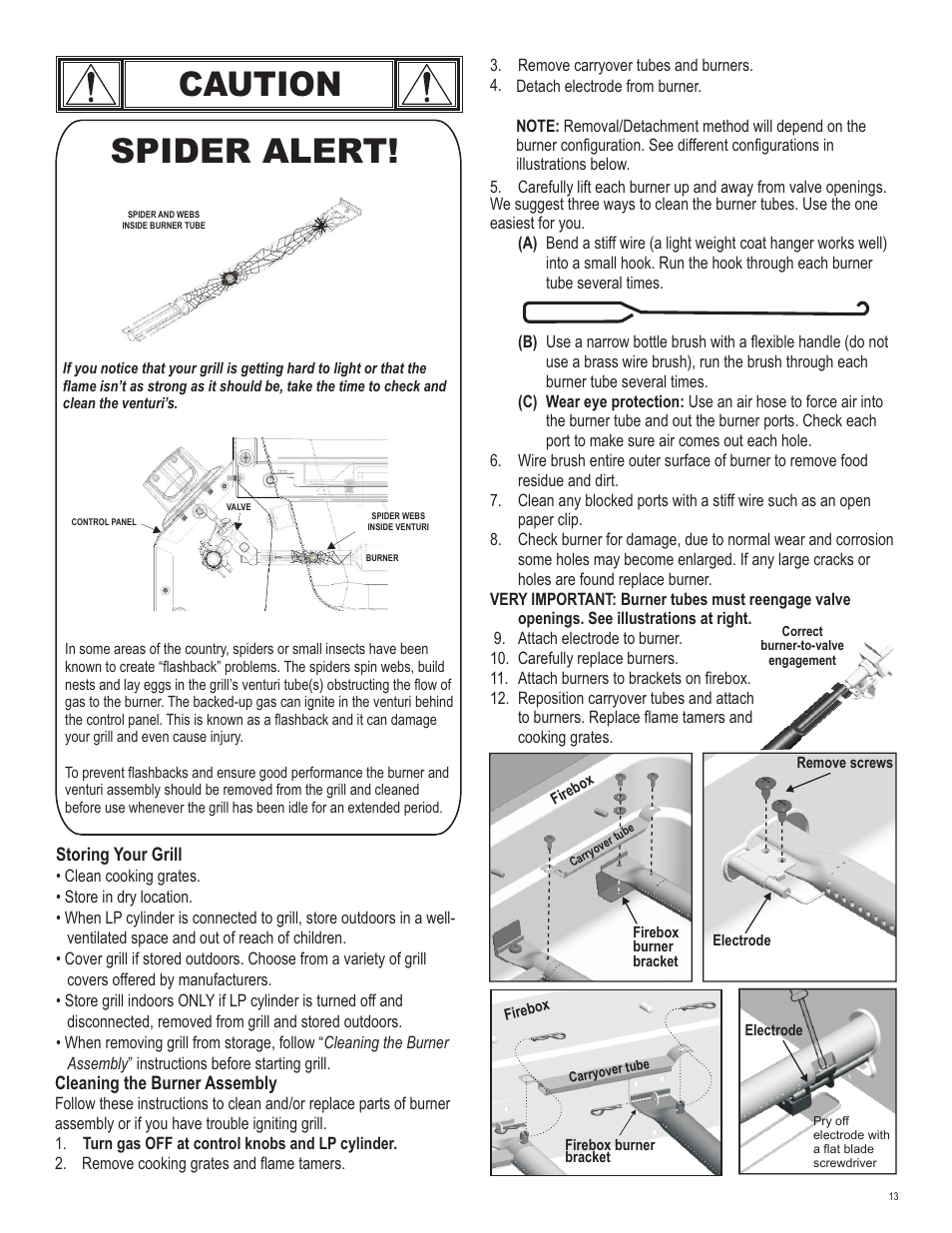 Caution, Spider alert | Char-Broil 463230511 User Manual | Page 13 / 32