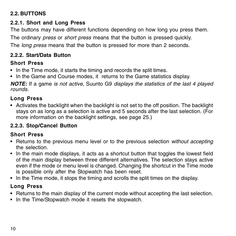 Buttons, Short and long press, Start/data button | Stop/cancel button, Enter button, Arrow buttons | SUUNTO G9-3 User Manual | Page 10 / 82