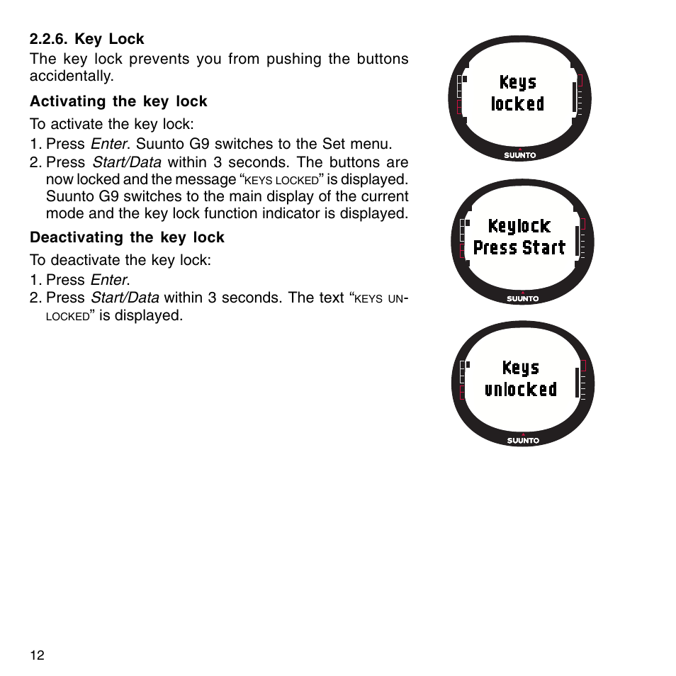 Key lock, Menus, Basic menu structure | SUUNTO G9-3 User Manual | Page 12 / 82