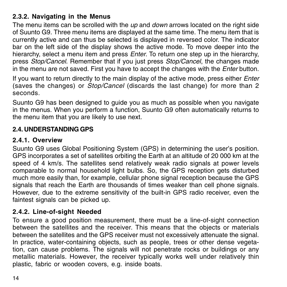 Navigating in the menus, Understanding gps, Overview | Line-of-sight needed, Accuracy | SUUNTO G9-3 User Manual | Page 14 / 82