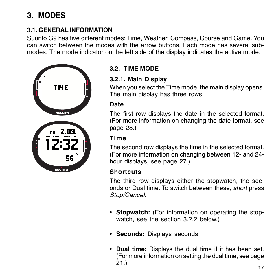 Modes | SUUNTO G9-3 User Manual | Page 17 / 82