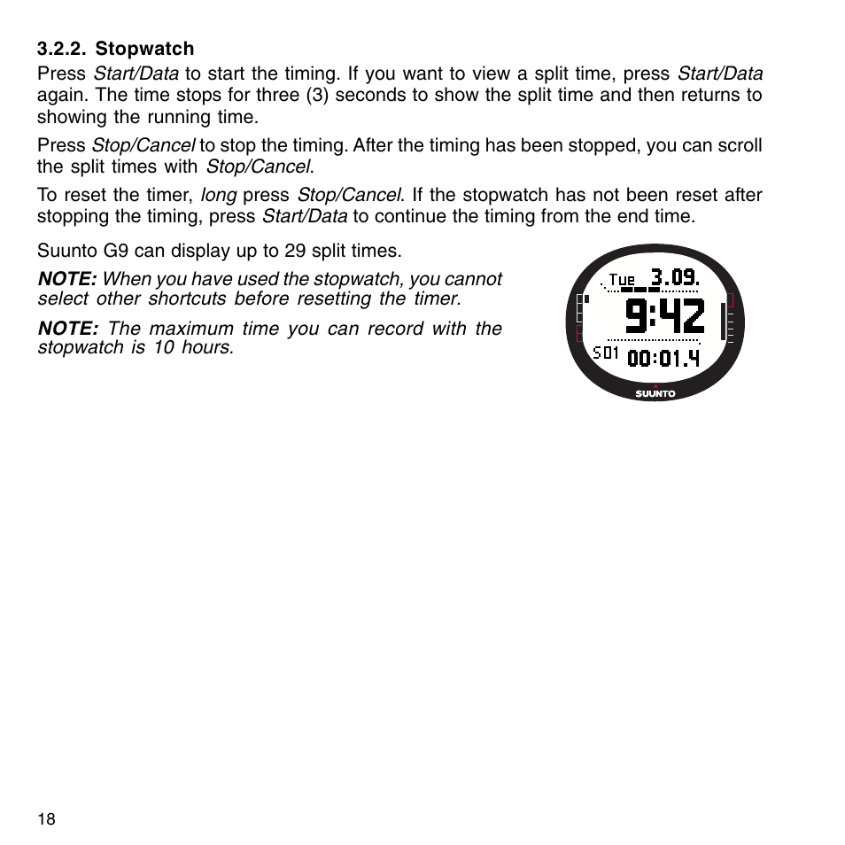 Stopwatch, Alarm, Stopwatch 3.2.3. alarm | SUUNTO G9-3 User Manual | Page 18 / 82