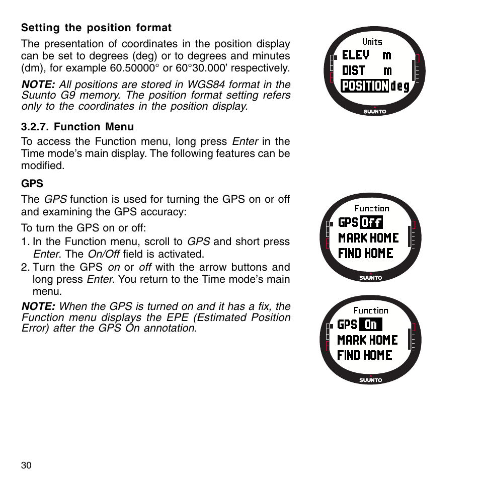 Function menu | SUUNTO G9-3 User Manual | Page 30 / 82