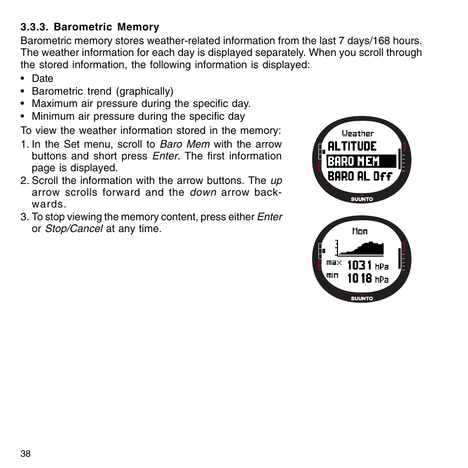 Barometric memory, Weather alarm, Function menu | SUUNTO G9-3 User Manual | Page 38 / 82