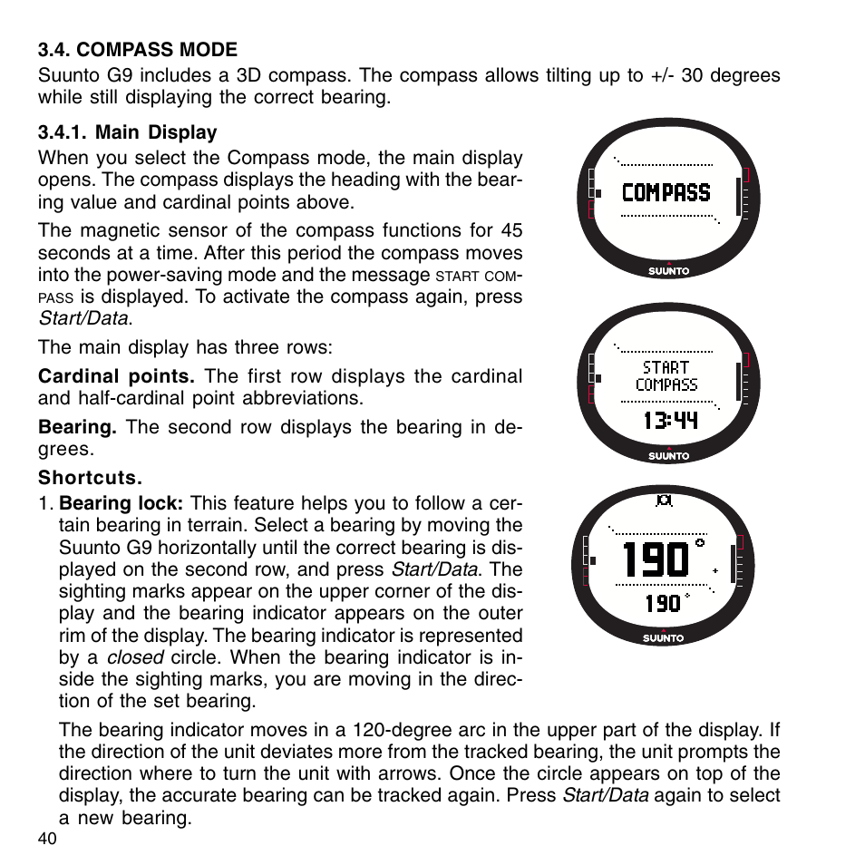 Compass mode, Main display, Calibrating the compass | Main display 3.4.2. calibrating the compass | SUUNTO G9-3 User Manual | Page 40 / 82