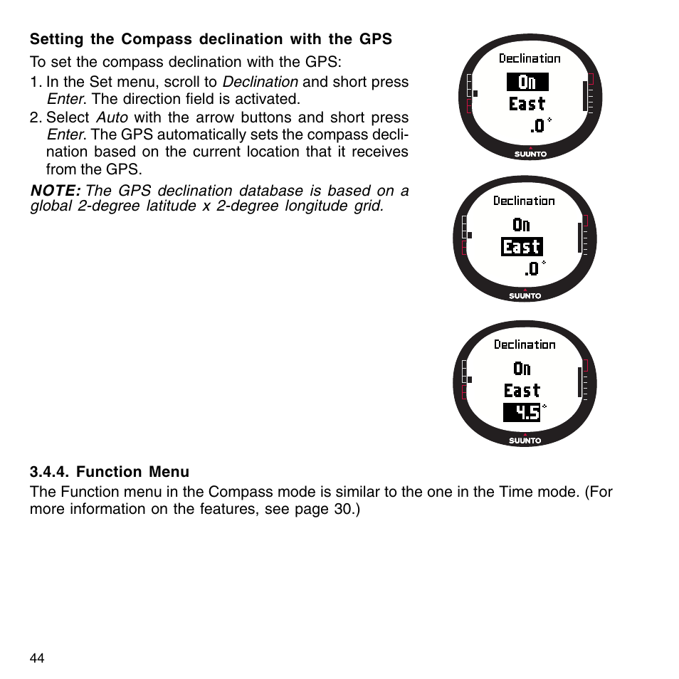 Function menu, Course mode, Main display | SUUNTO G9-3 User Manual | Page 44 / 82