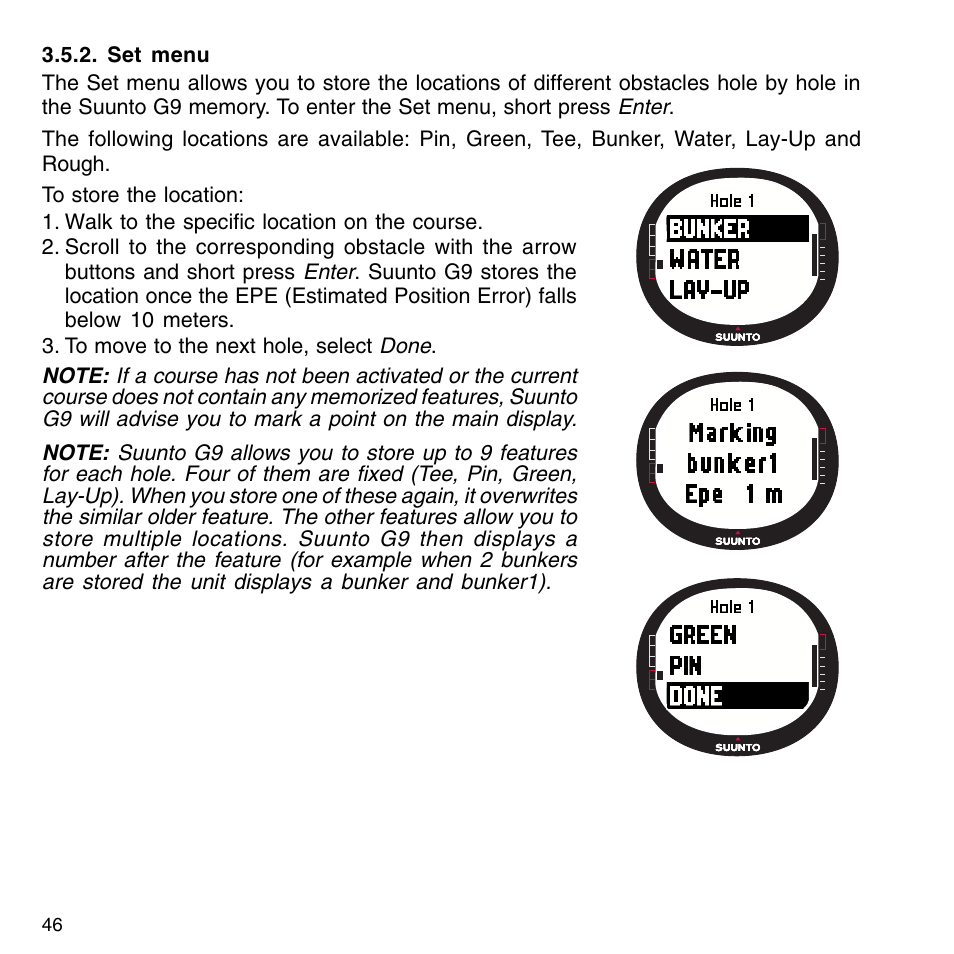 Set menu, Viewing the game information, Set menu 3.5.3. viewing the game information | SUUNTO G9-3 User Manual | Page 46 / 82