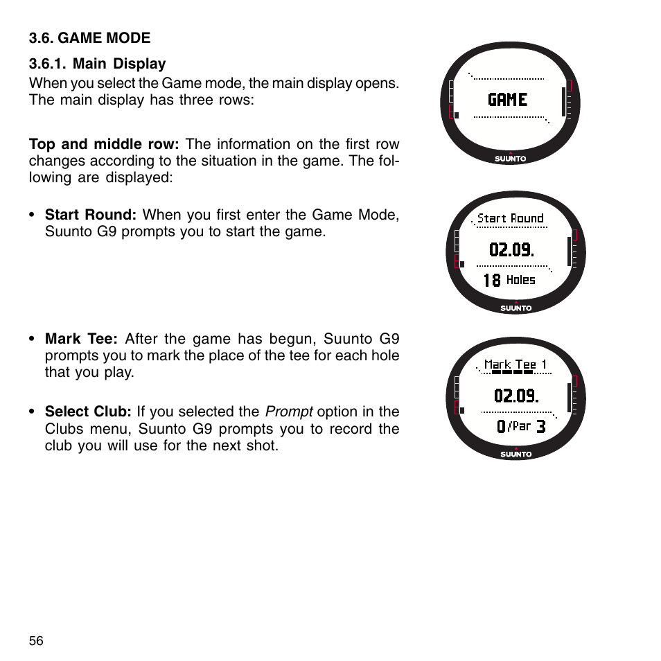 Game mode, Main display | SUUNTO G9-3 User Manual | Page 56 / 82