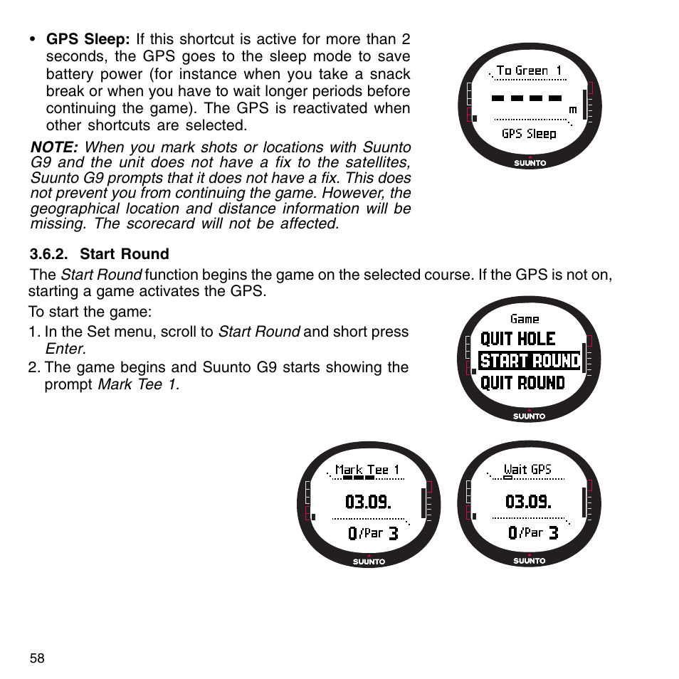 Start round, Marking the tee, Marking the ball | SUUNTO G9-3 User Manual | Page 58 / 82