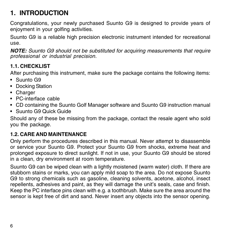Introduction, Checklist, Care and maintenance | Water resistance, Charging the battery | SUUNTO G9-3 User Manual | Page 6 / 82
