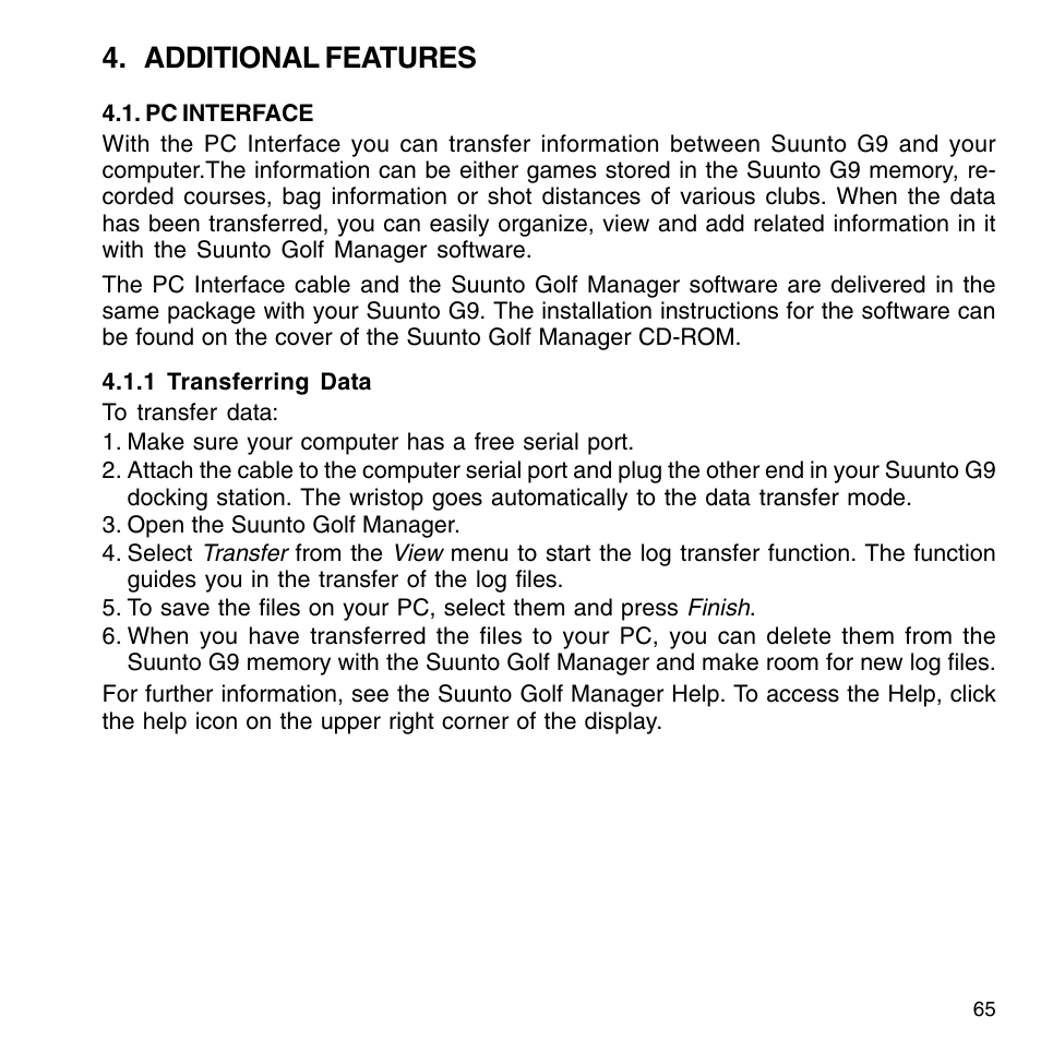 Additional features | SUUNTO G9-3 User Manual | Page 65 / 82