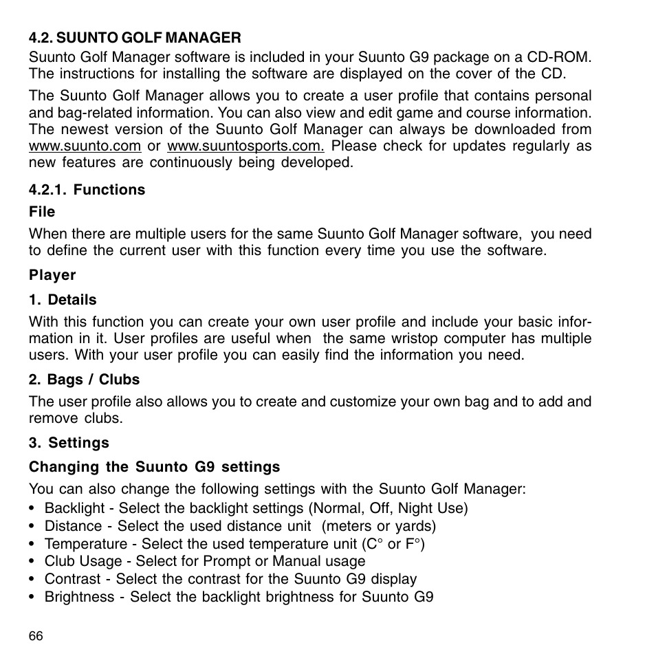 Suunto golf manager, Functions | SUUNTO G9-3 User Manual | Page 66 / 82