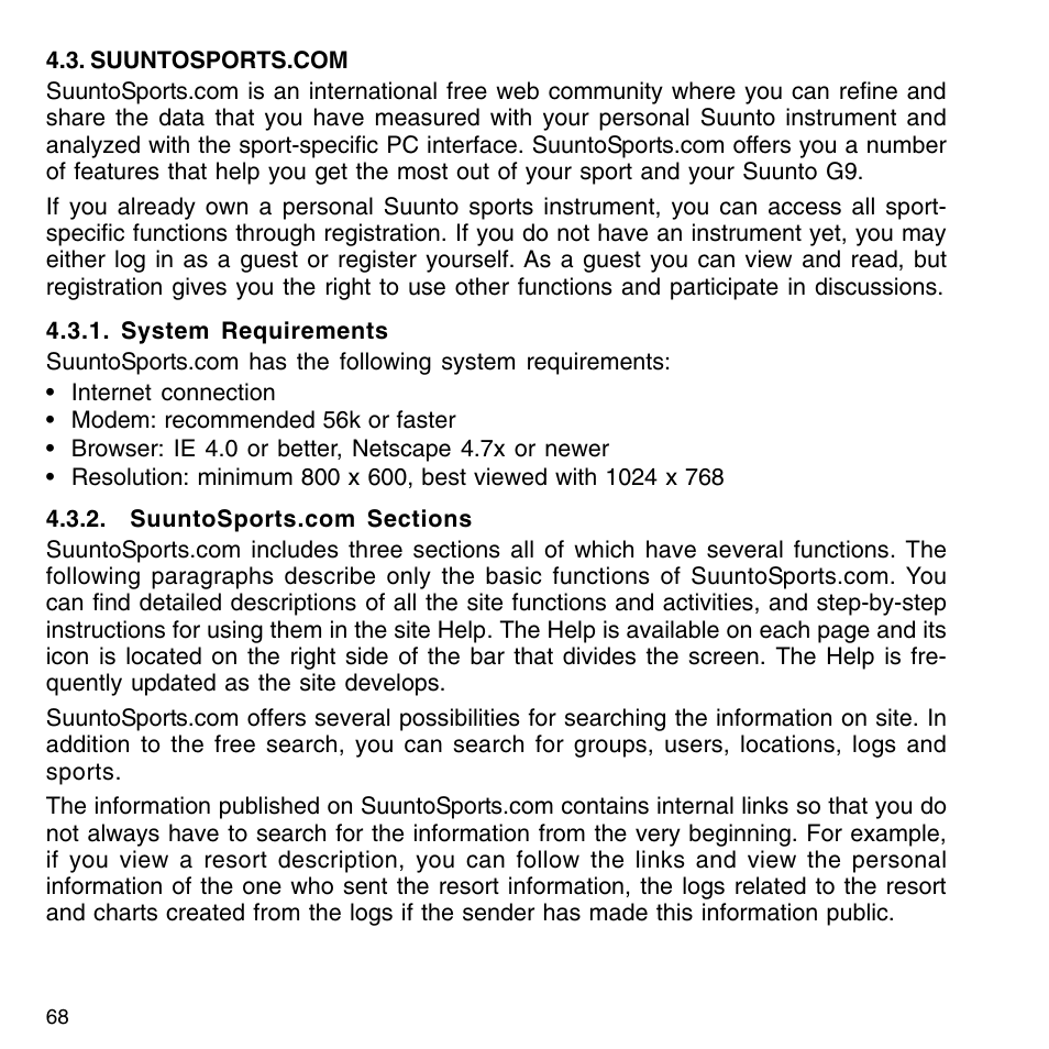 Suuntosports.com, System requirements, Suuntosports.com sections | SUUNTO G9-3 User Manual | Page 68 / 82