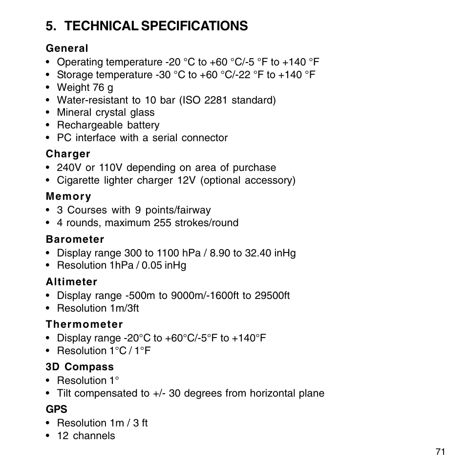 Technical specifications | SUUNTO G9-3 User Manual | Page 71 / 82