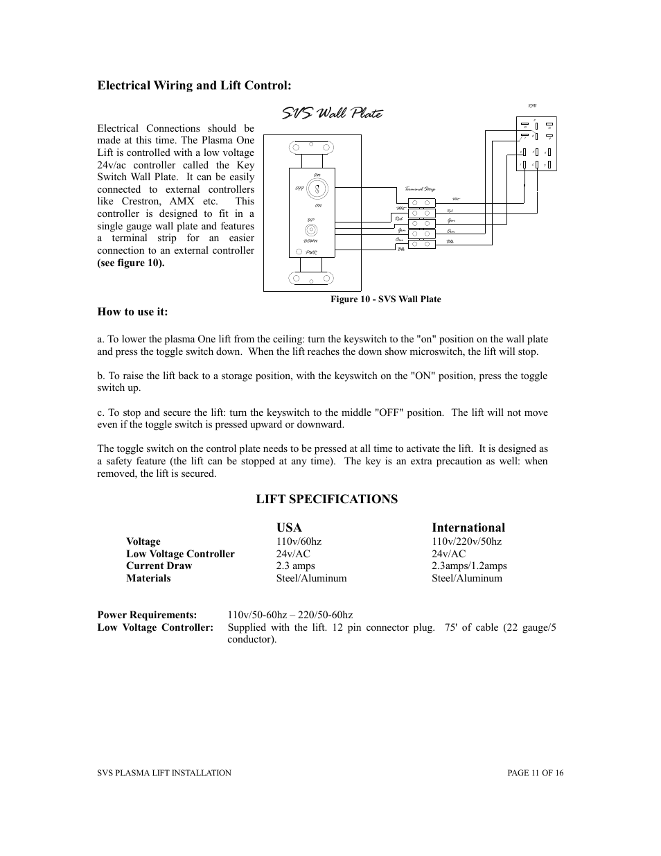 Svs wall plate, Electrical wiring and lift control, Lift specifications usa international | How to use it | SVS PLASMA ONE 7 User Manual | Page 11 / 15