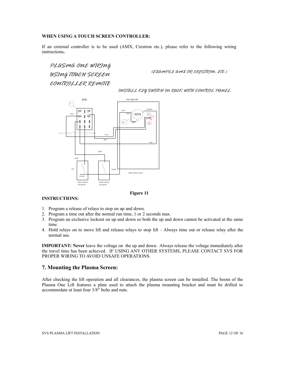 Mounting the plasma screen, Svs plasma lift installation page 12 of 16 | SVS PLASMA ONE 7 User Manual | Page 12 / 15
