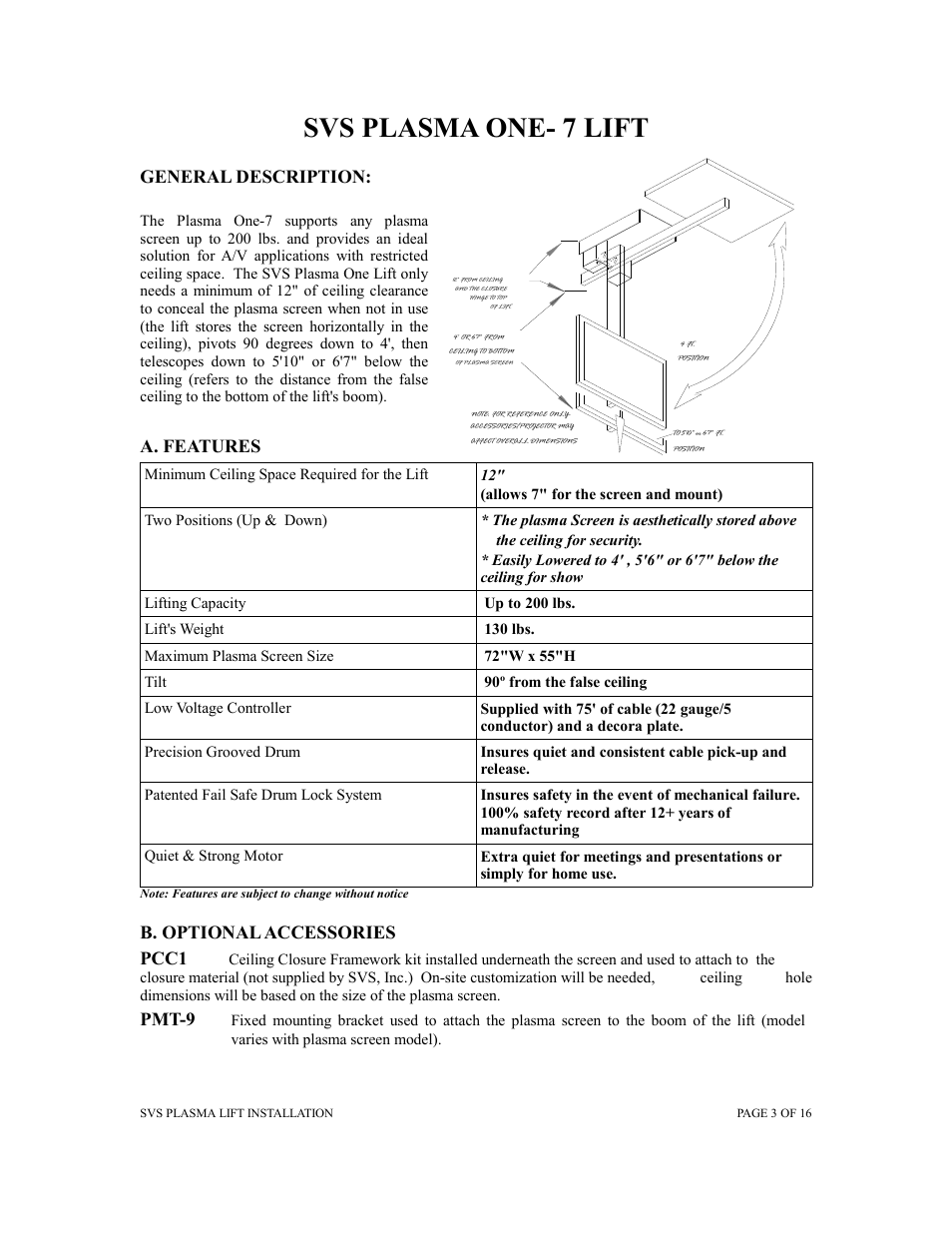 Svs plasma one- 7 lift, General description, A. features | B. optional accessories pcc1, Pmt-9 | SVS PLASMA ONE 7 User Manual | Page 3 / 15