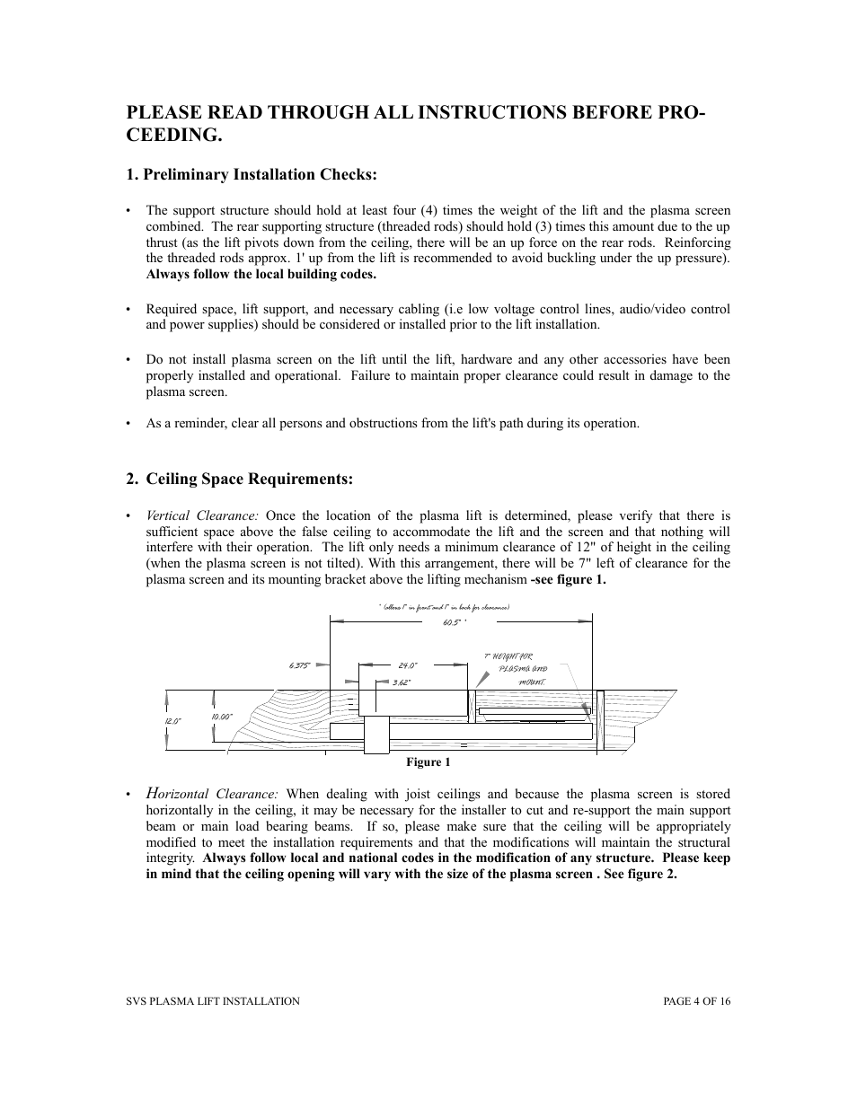 Preliminary installation checks, Ceiling space requirements | SVS PLASMA ONE 7 User Manual | Page 4 / 15