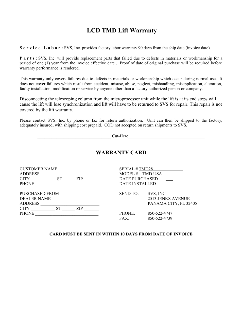 Lcd tmd lift warranty, Warranty card | SVS TMD User Manual | Page 16 / 17