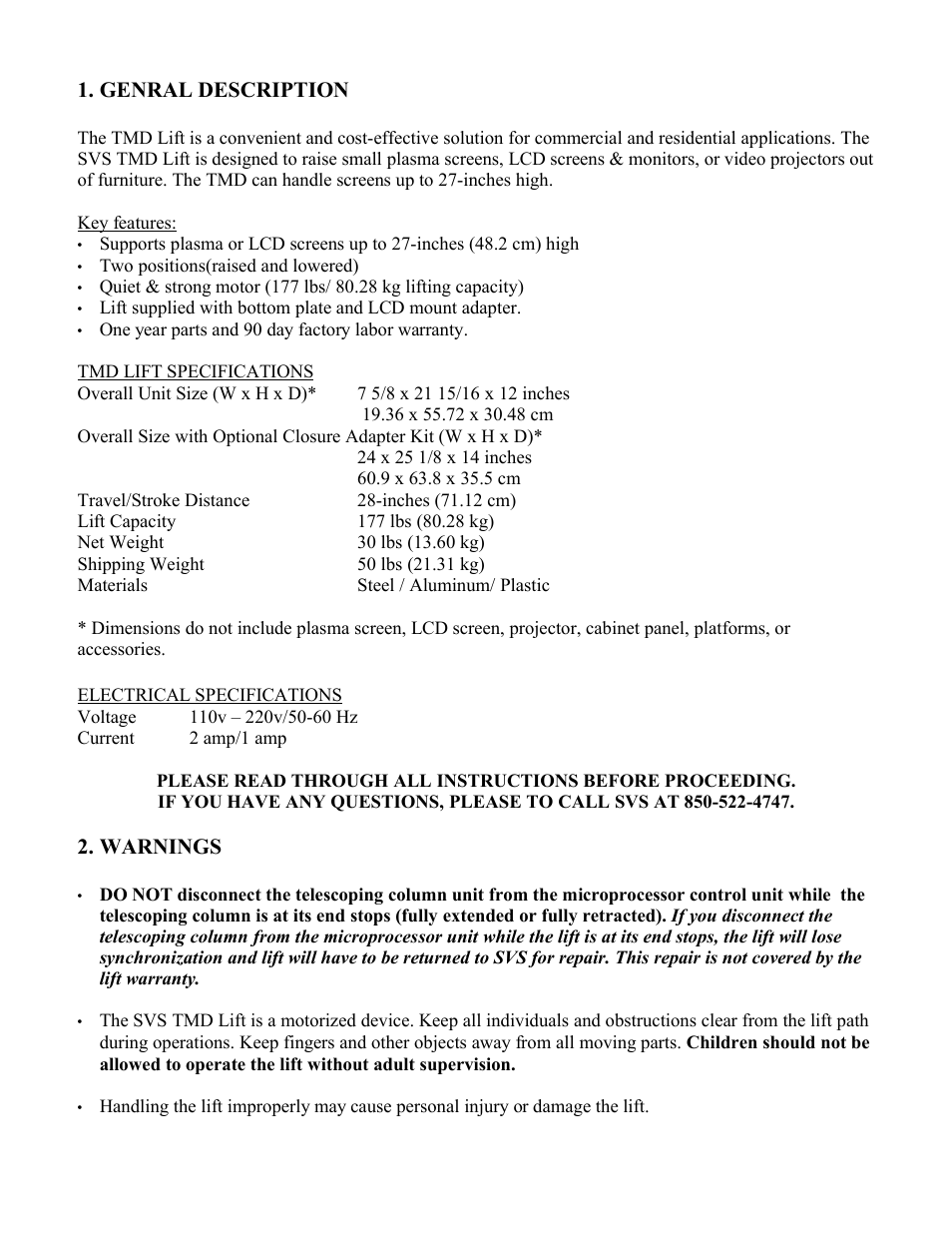 Genral description, Warnings | SVS TMD User Manual | Page 3 / 17