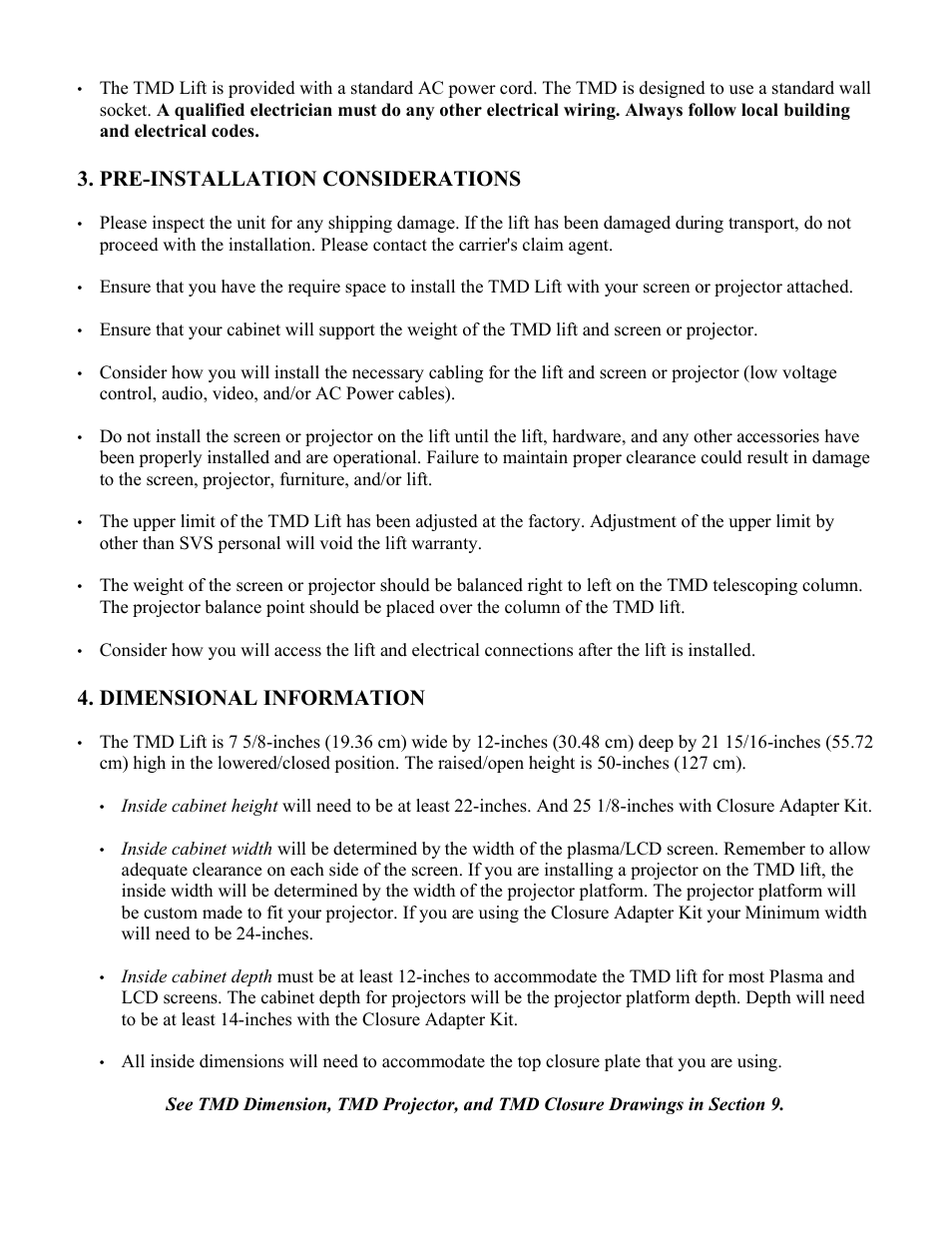 Pre-installation considerations, Dimensional information | SVS TMD User Manual | Page 4 / 17