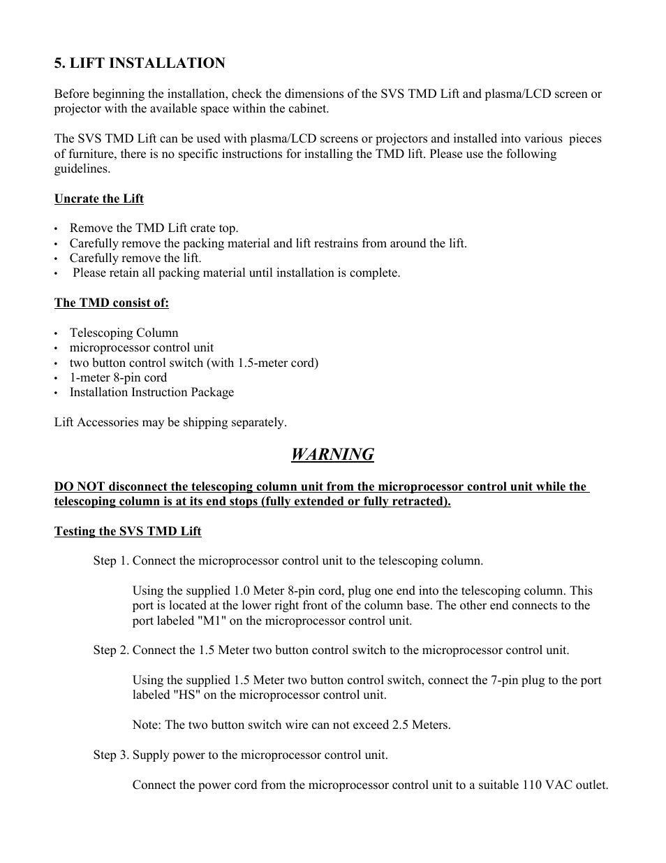 Warning, Lift installation | SVS TMD User Manual | Page 5 / 17