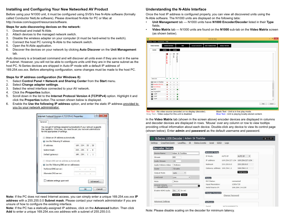 Download and install n-able, Attach devices to the managed network switch, Open the n-able application | Select change adapter settings, Click the properties button, Understanding the n-able interface | SVSi N1000 User Manual | Page 2 / 4