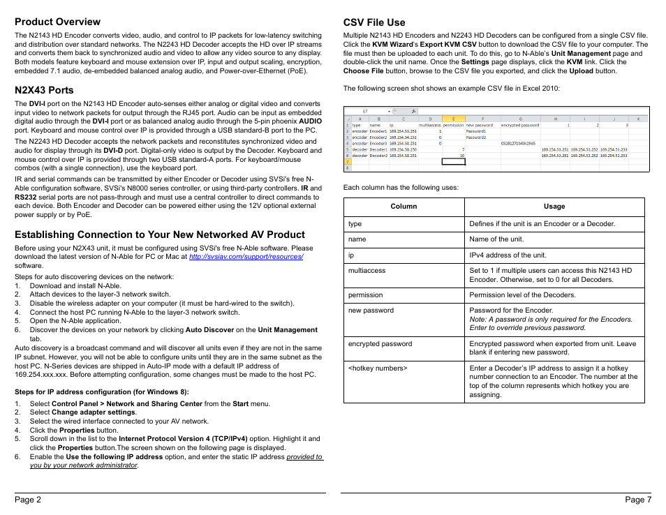 Product overview, N2x43 ports, Csv file use | SVSi N2X43 User Manual | Page 2 / 8