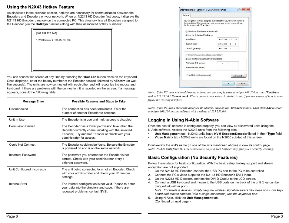 Logging in using n-able software, Basic configuration (no security features), Using the n2x43 hotkey feature | SVSi N2X43 User Manual | Page 3 / 8