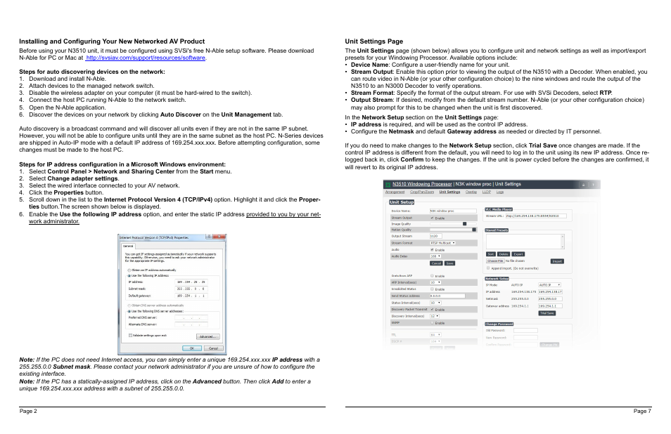 Download and install n-able, Attach devices to the managed network switch, Open the n-able application | Select change adapter settings, Click the properties button | SVSi N3510 User Manual | Page 7 / 8