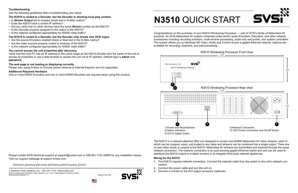 N3510 windowing processor rear view, Wiring for the n3510, Connect the power cable and turn the unit on | Troubleshooting, N3510 quick start | SVSi N3510 User Manual | Page 8 / 8