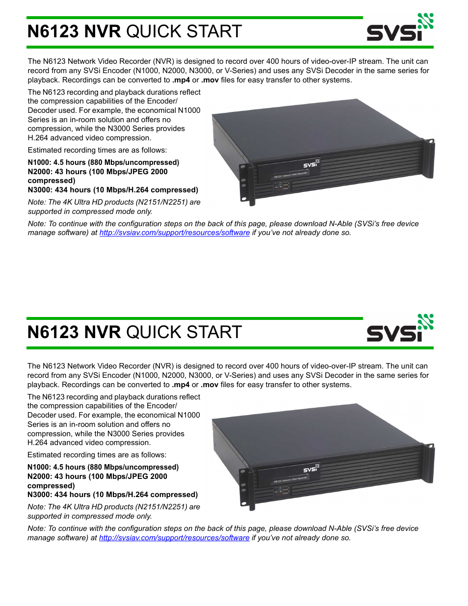 SVSi N6123 NVR User Manual | 2 pages