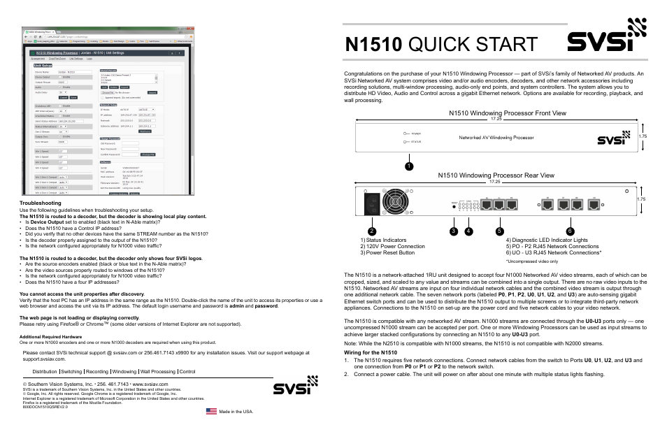 N1510 windowing processor rear view, Wiring for the n1510, Troubleshooting | N1510 quick start | SVSi N1510 User Manual | Page 8 / 8