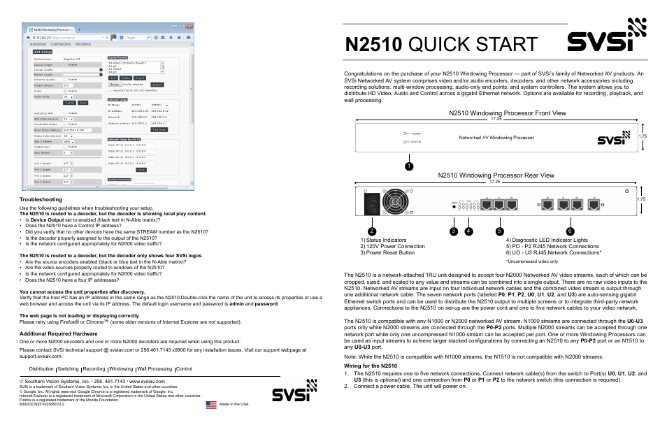 N2510 windowing processor rear view, Wiring for the n2510, Connect a power cable. the unit will power on | Troubleshooting, Additional required hardware, N2510 quick start | SVSi N2510 User Manual | Page 8 / 8