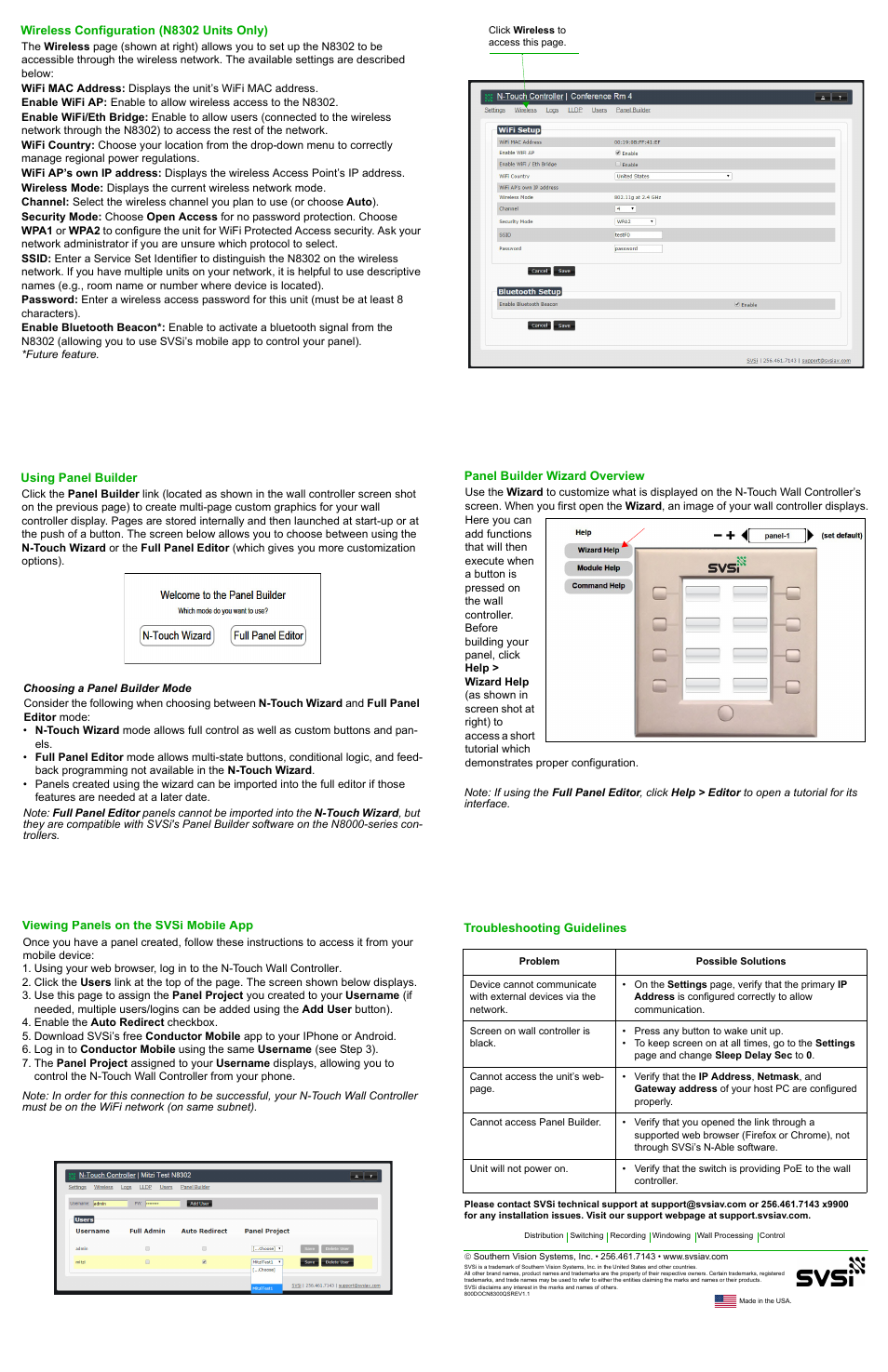 Wireless configuration (n8302 units only), Using panel builder, Viewing panels on the svsi mobile app | SVSi N8300 Series User Manual | Page 2 / 2