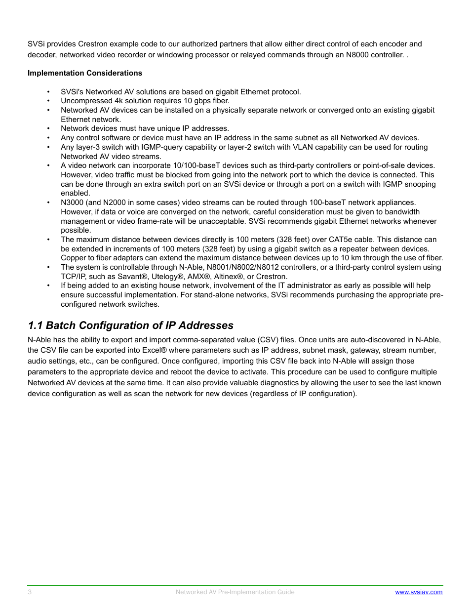 Implementation considerations, 1 batch configuration of ip addresses | SVSi N-Series Pre-implementation User Manual | Page 3 / 12