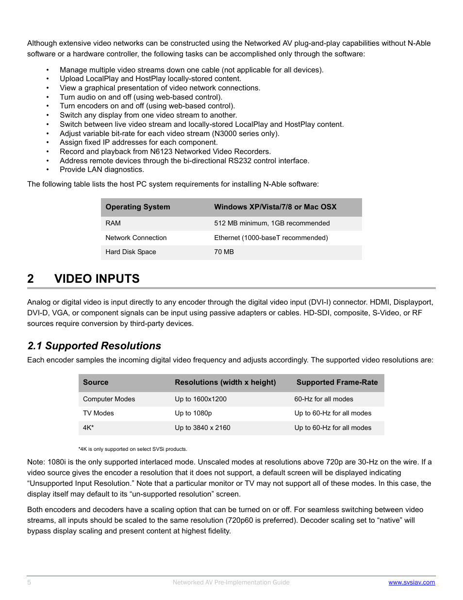 2 video inputs, 1 supported resolutions, 2video inputs | SVSi N-Series Pre-implementation User Manual | Page 5 / 12