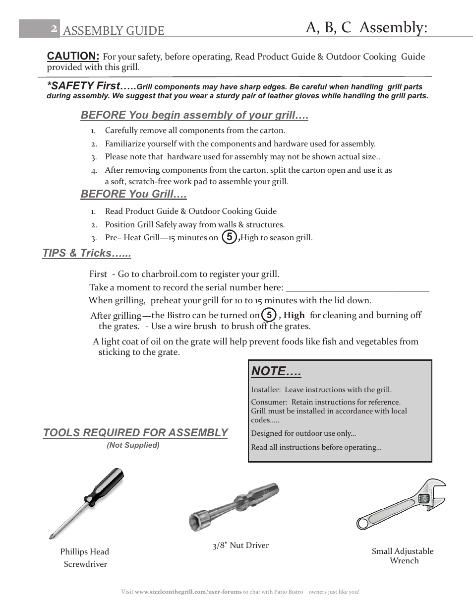 A, b, c, assembly, Assembly guide | Char-Broil BISTRO 10601514 User Manual | Page 2 / 8