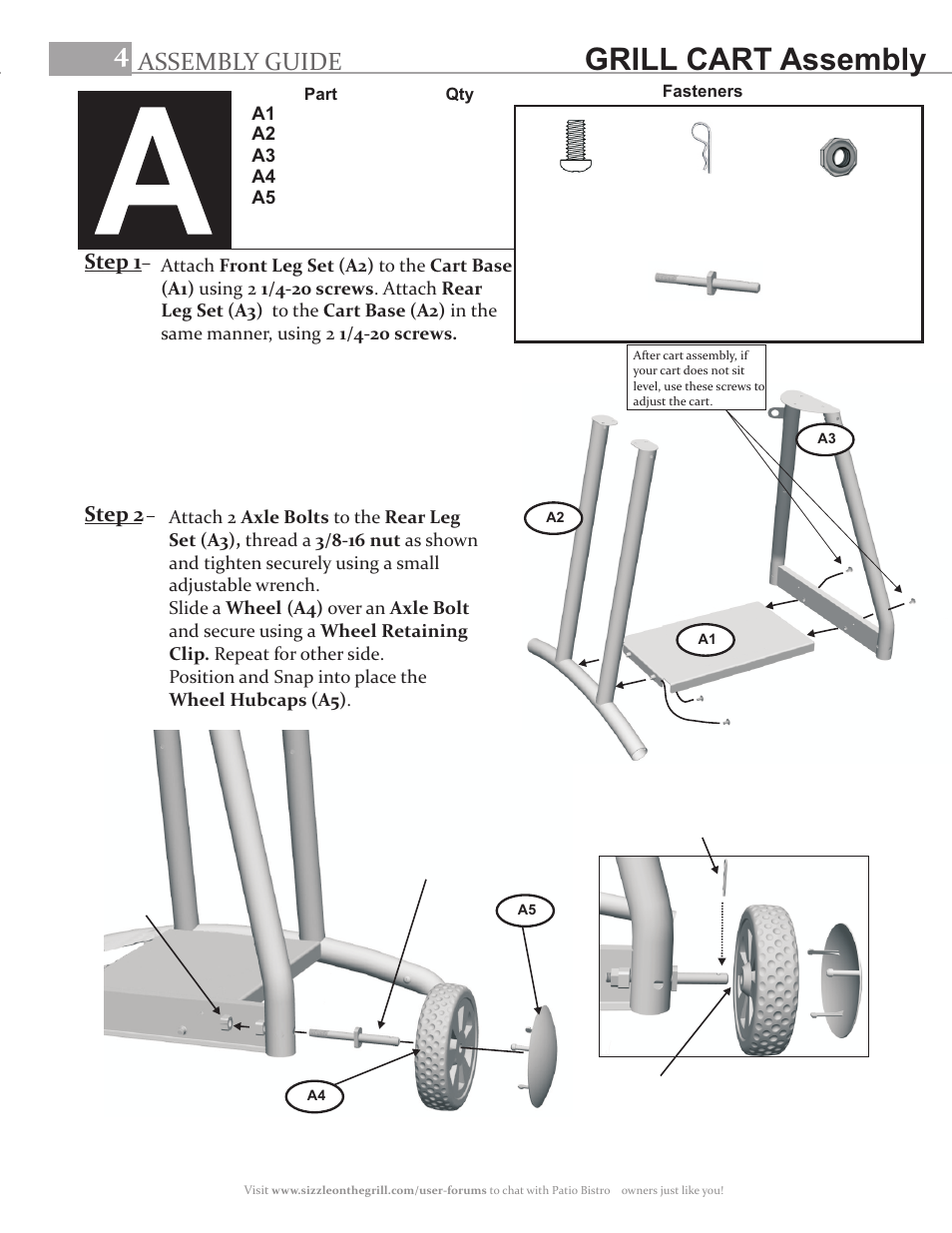 Grill cart assembly, Assembly guide, Step 1 | Step 2 | Char-Broil BISTRO 10601514 User Manual | Page 4 / 8