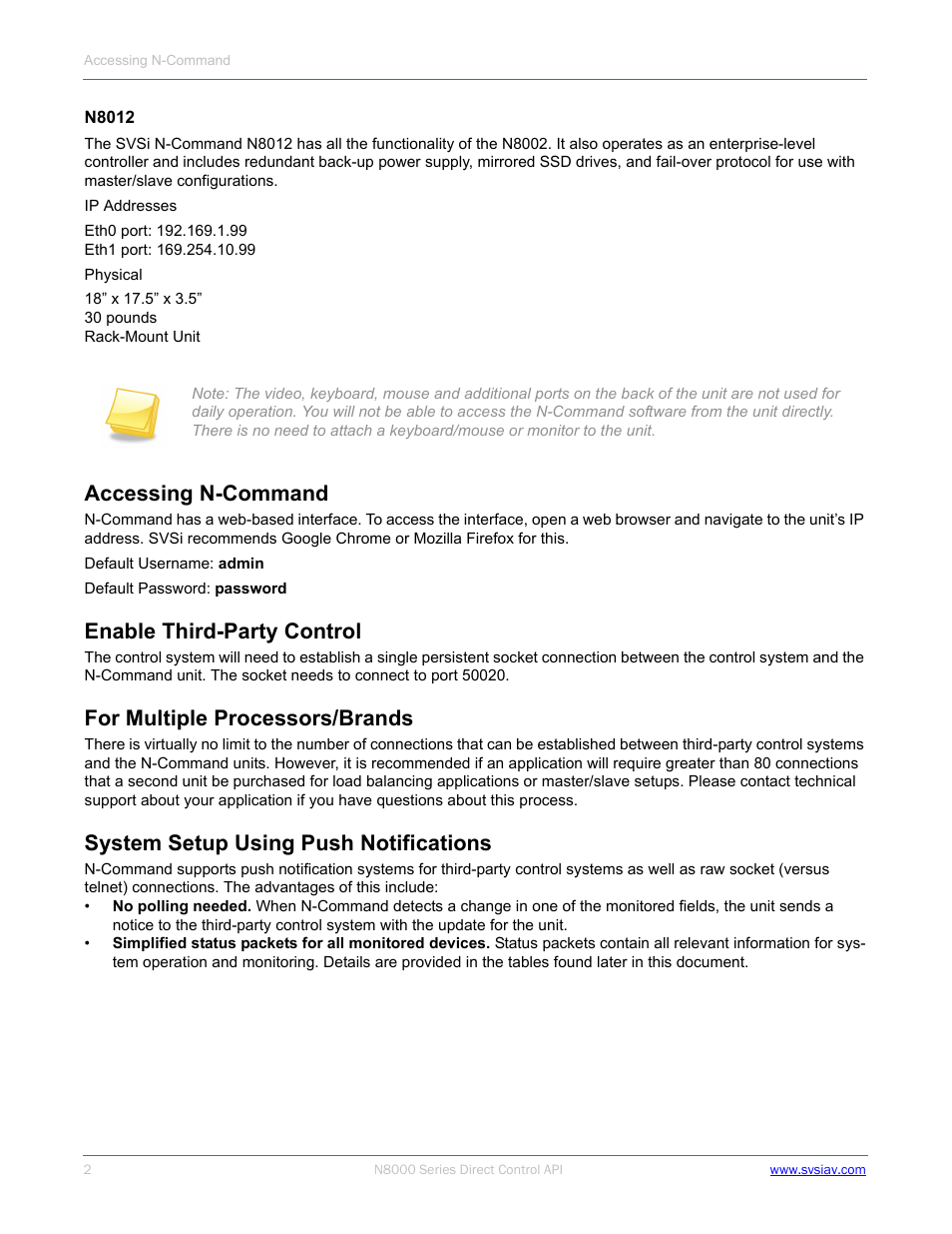 Accessing n-command, Enable third-party control, For multiple processors/brands | System setup using push notifications | SVSi N8000 Control API User Manual | Page 2 / 14