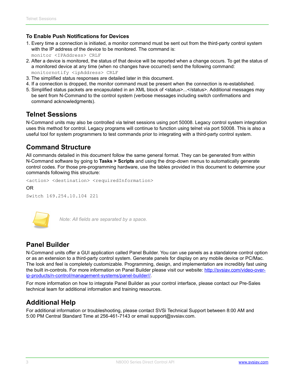 Telnet sessions, Command structure, Panel builder | Additional help | SVSi N8000 Control API User Manual | Page 3 / 14