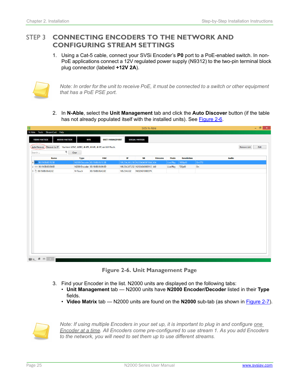 Connecting encoders to the network, And configuring stream settings | SVSi N2000 Series User Manual | Page 25 / 99