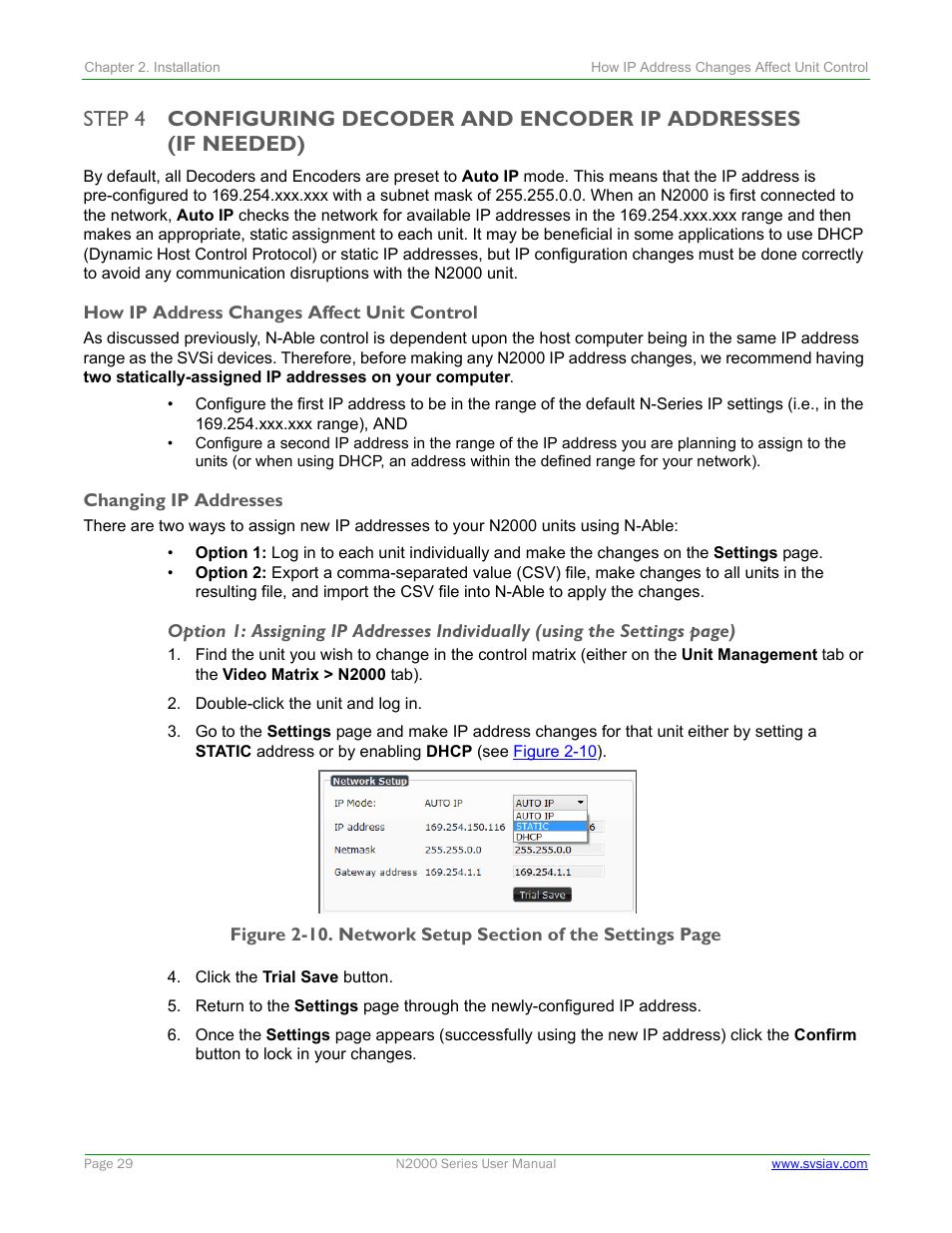 How ip address changes affect unit control, Changing ip addresses | SVSi N2000 Series User Manual | Page 29 / 99